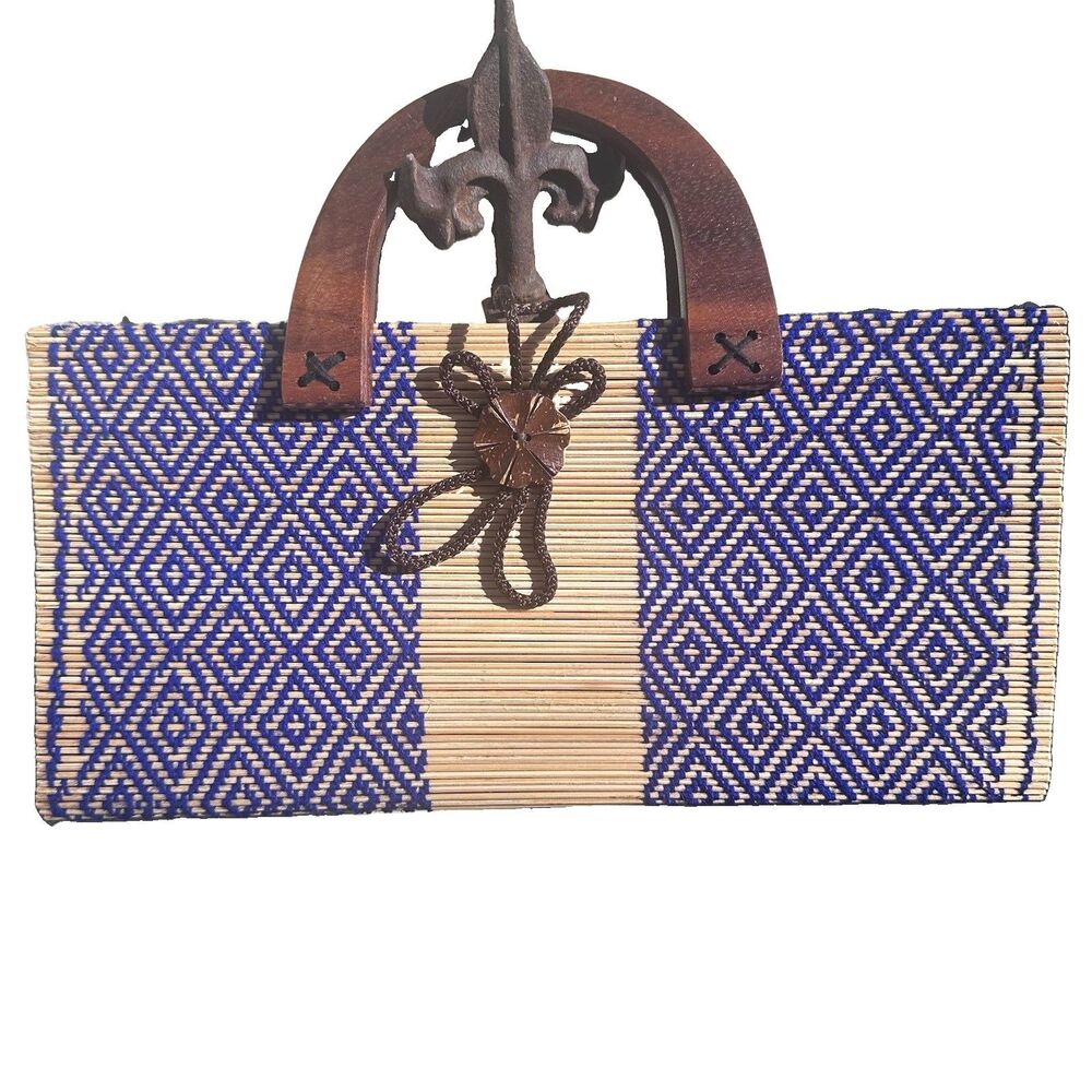 Handmade Bamboo Wood Handbag Blue Geometric Woven Top Handle Purse